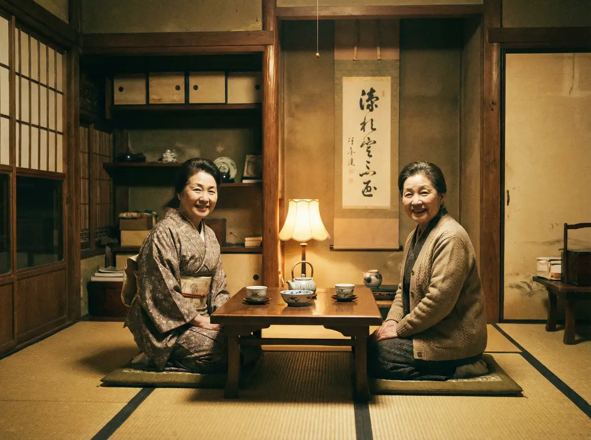 两位优雅的 精主tv 在日式茶室中品茶交谈